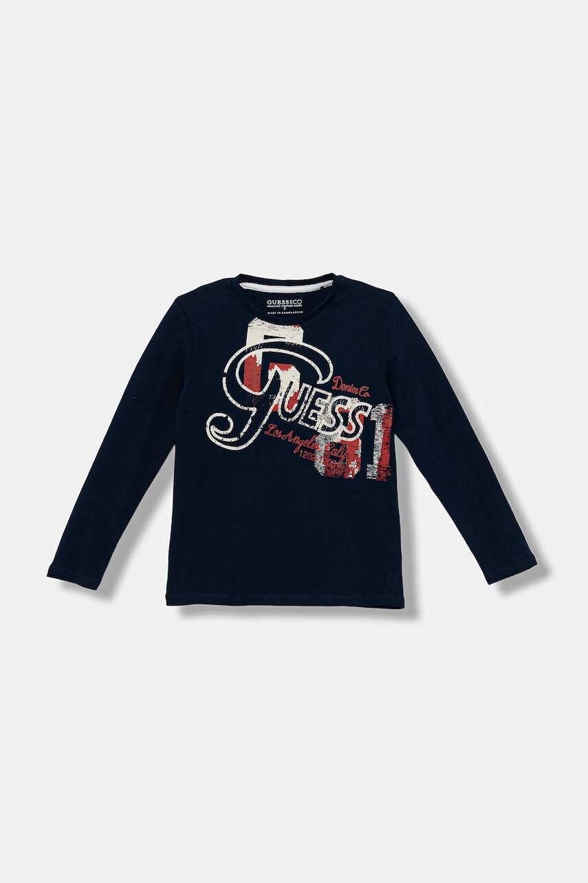 Detská bavlnená košeľa s dlhým rukávom Guess tmavomodrá farba, s potlačou, L5BI03 I3Z14