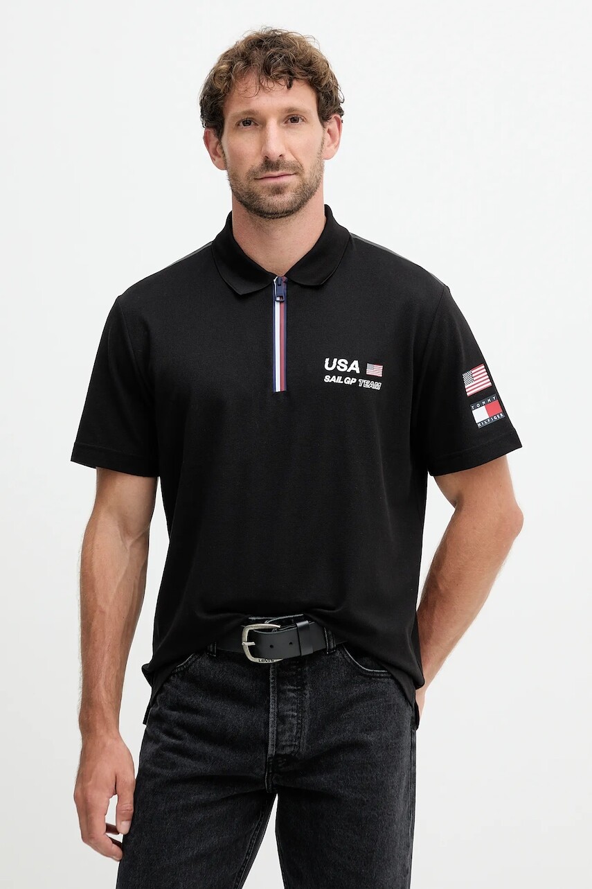 Polo tričko Tommy Hilfiger x SAIL GP pánske, čierna farba, s nášivkou, MW0MW41415