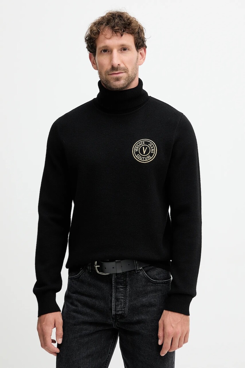 Vlnený sveter Versace Jeans Couture čierna farba, s rolákom, 79GAFM14 CMH81