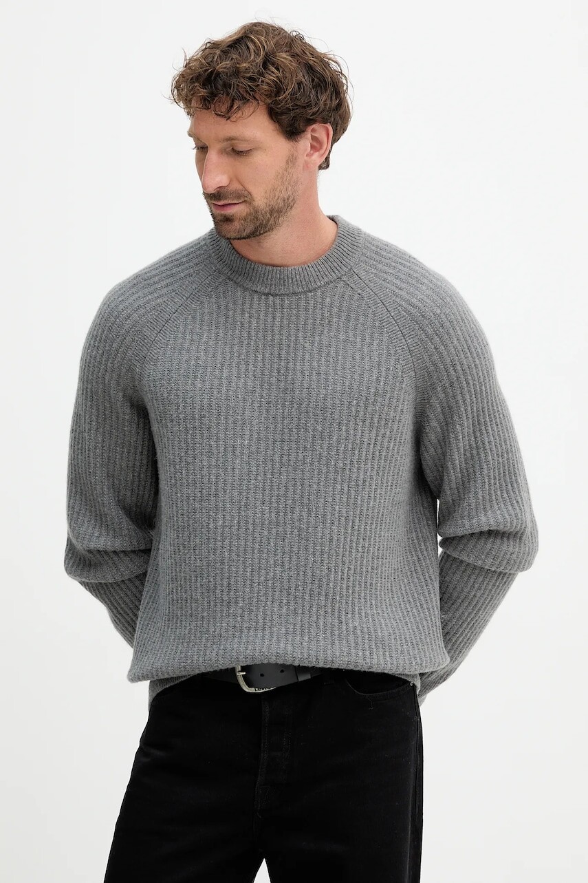 Vlnený sveter BOSS Orange šedá farba, 50548674