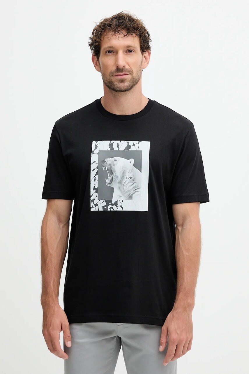 Bavlnené tričko BOSS Orange pánske, čierna farba, s potlačou, 50554615