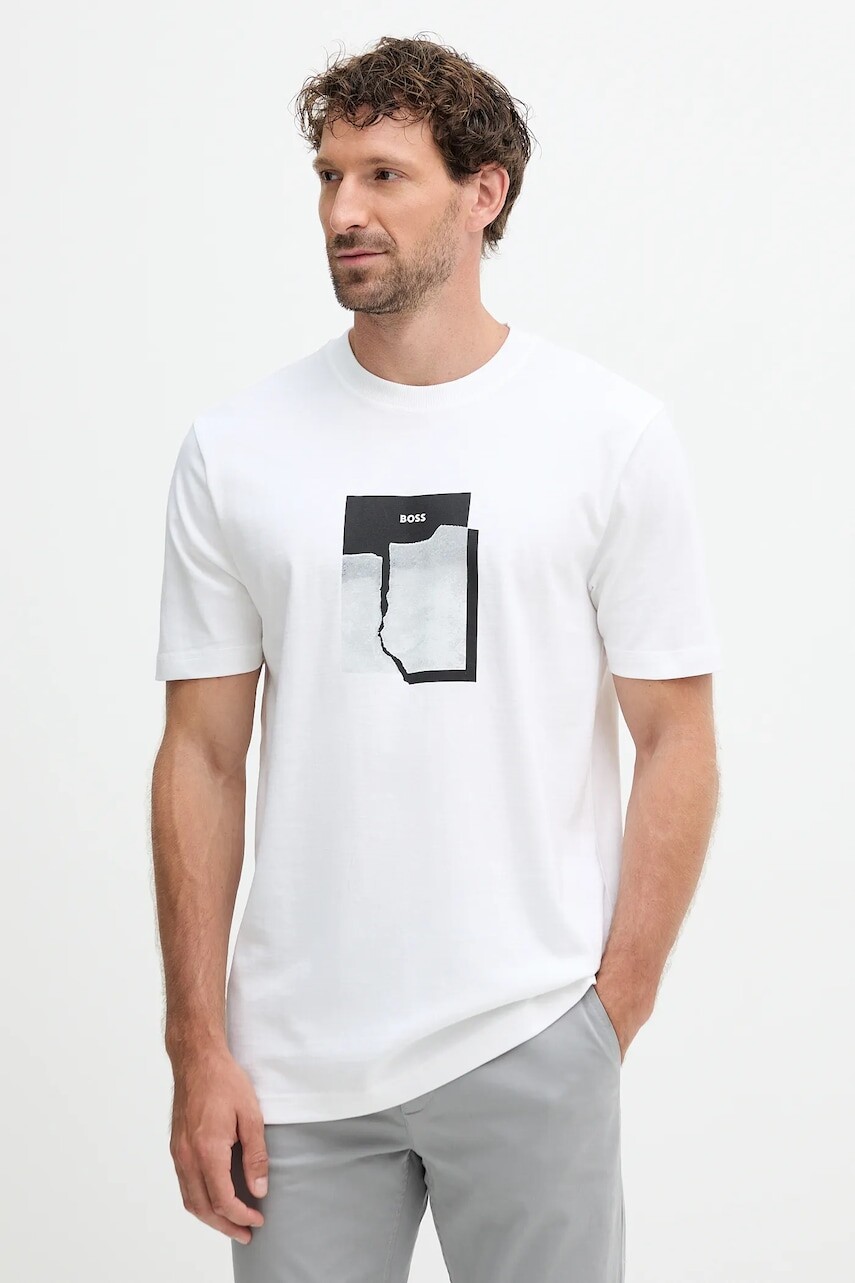 Bavlnené tričko BOSS Orange pánske, béžová farba, s potlačou, 50554640