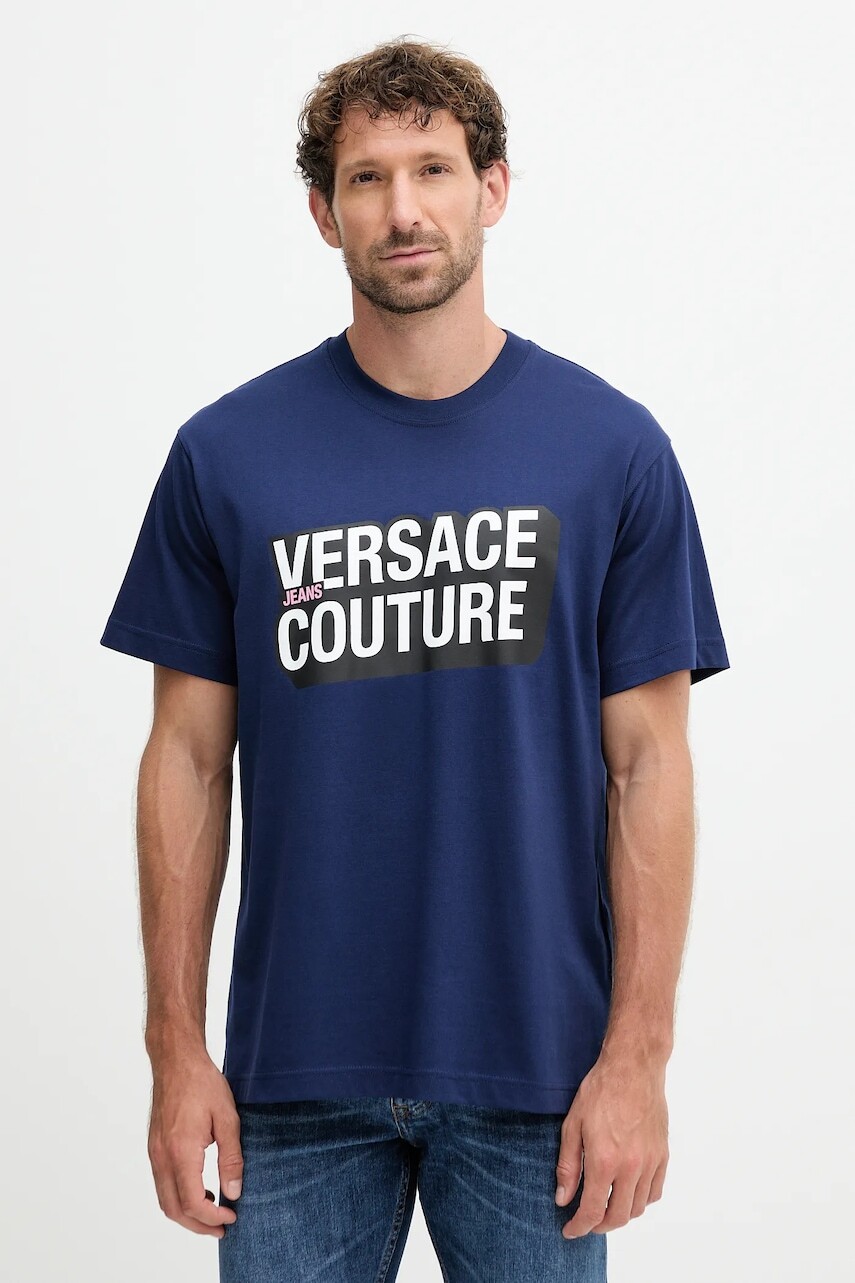 Bavlnené tričko Versace Jeans Couture pánske, tmavomodrá farba, s potlačou, 79GAHP02 CJ01P
