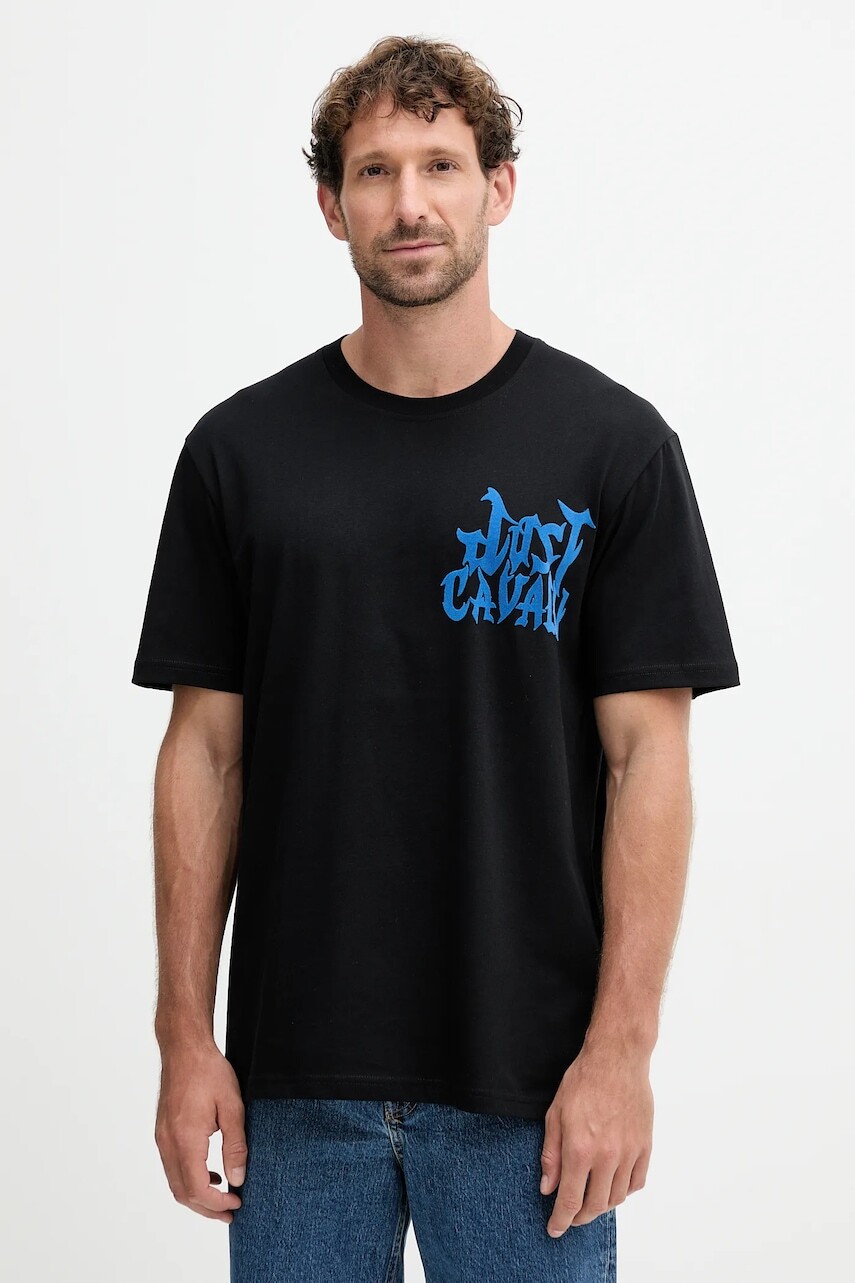 Bavlnené tričko Just Cavalli pánske, čierna farba, s potlačou, 79OAHE13 CJ110