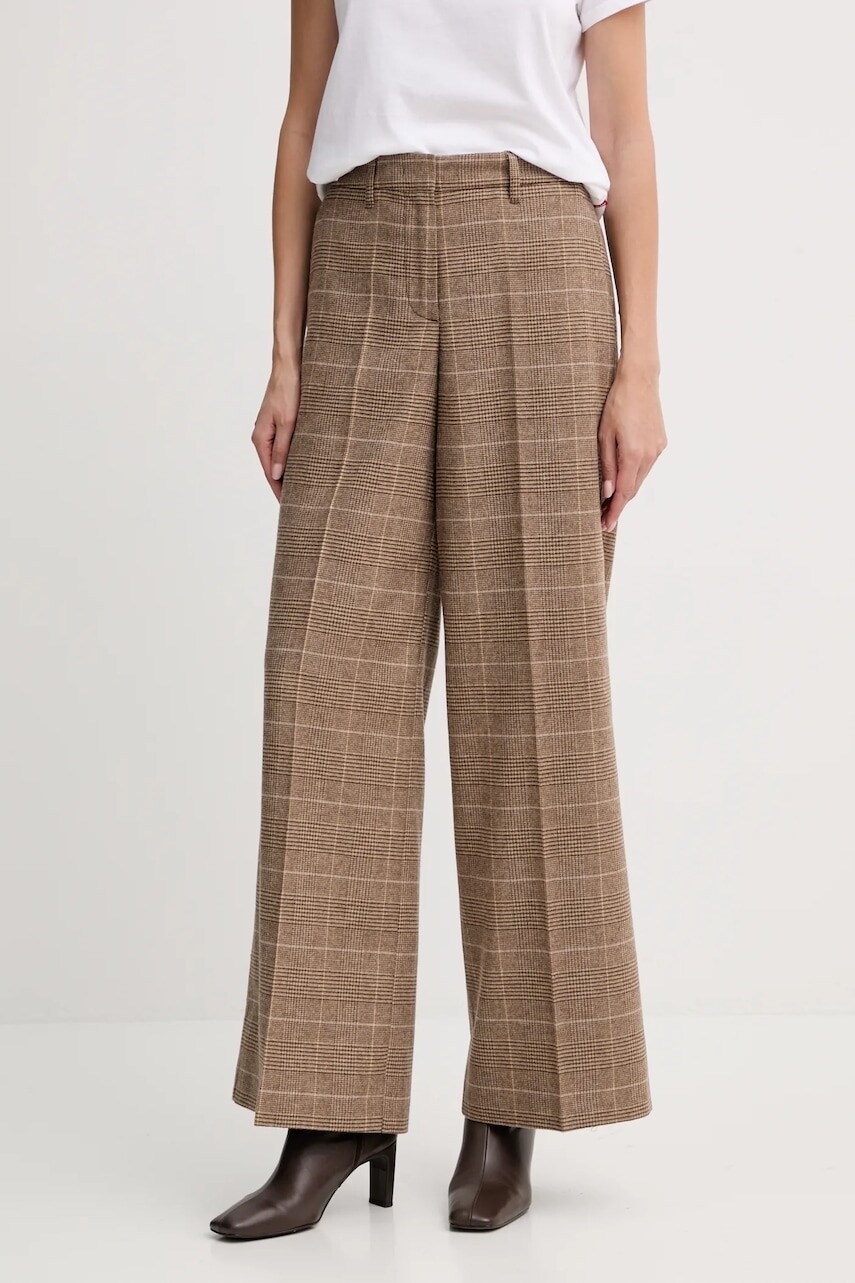 Vlnené nohavice Marc O'Polo hnedá farba, široké, vysoký pás, 508015010417