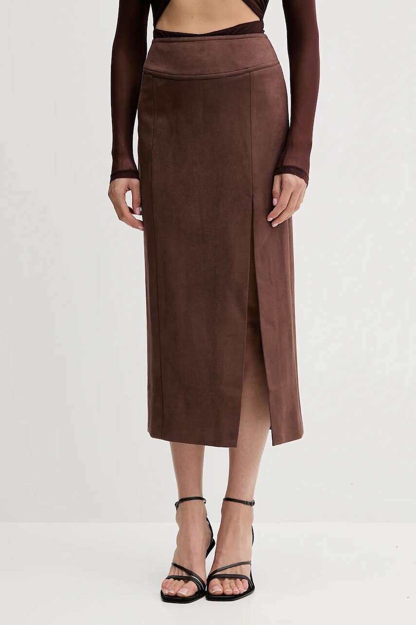 Sukňa Bardot hnedá farba, midi, rovný strih, 58855SB5