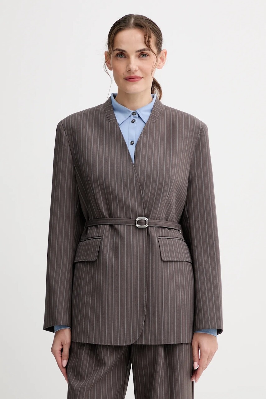 Vlnené sako ISABELLE BLANCHE hnedá farba, dvojradové, vzorované, IS25FW-J043-T003