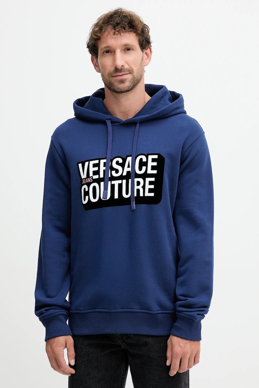 Bavlnená mikina Versace Jeans Couture tmavomodrá farba, s kapucňou, s potlačou, 79GAIP05 CF07P