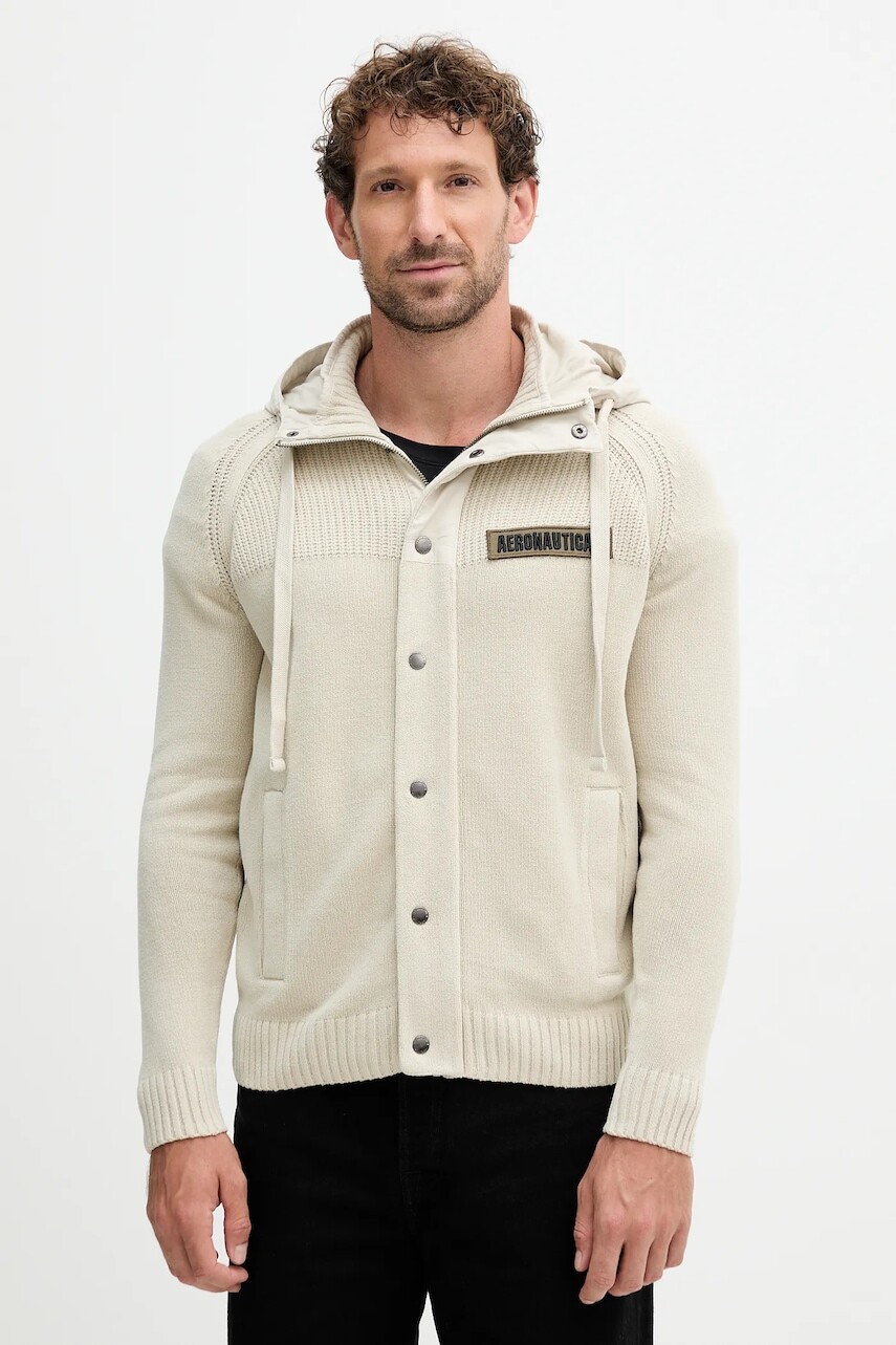 Bavlnená mikina Aeronautica Militare béžová farba, s kapucňou, s nášivkou, MA1575UL00539