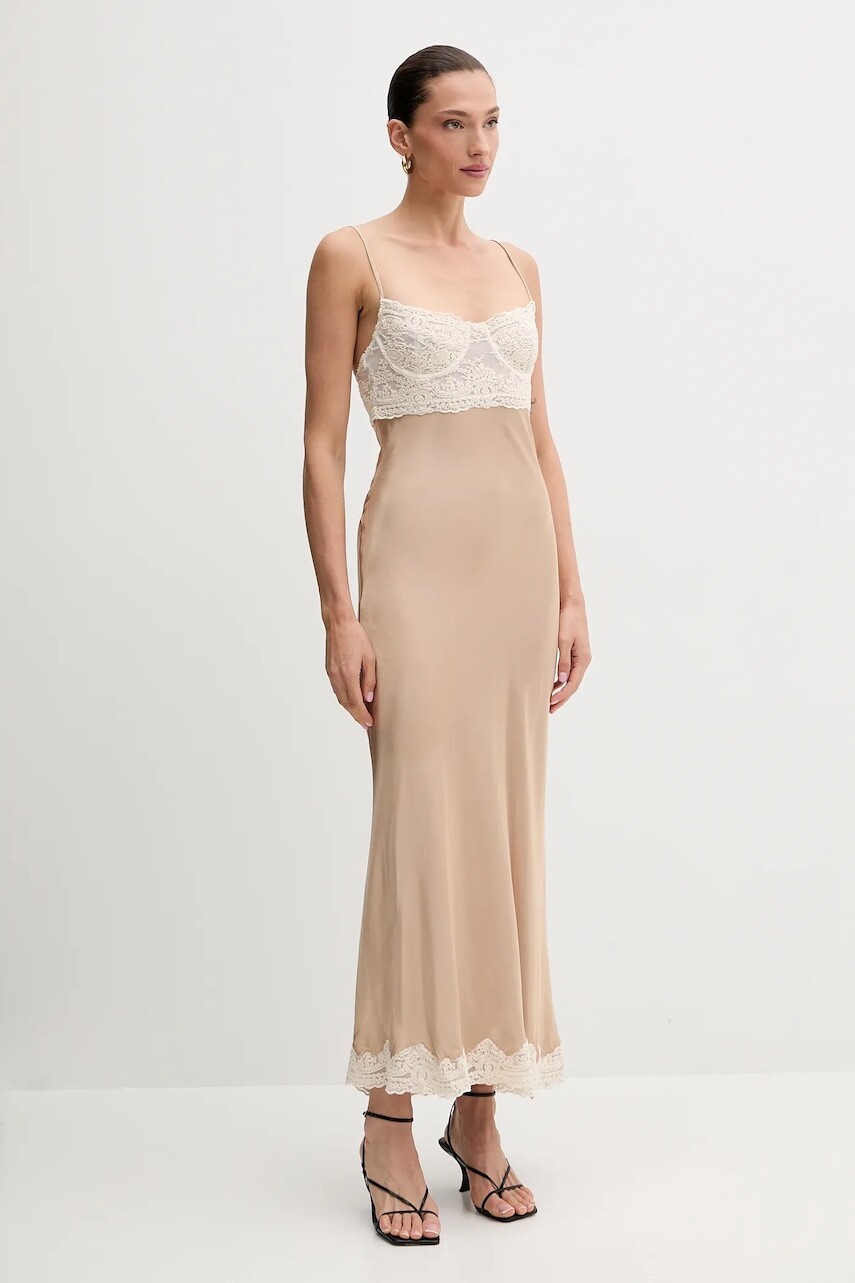 Šaty Bardot béžová farba, maxi, áčkový strih, 60118DB