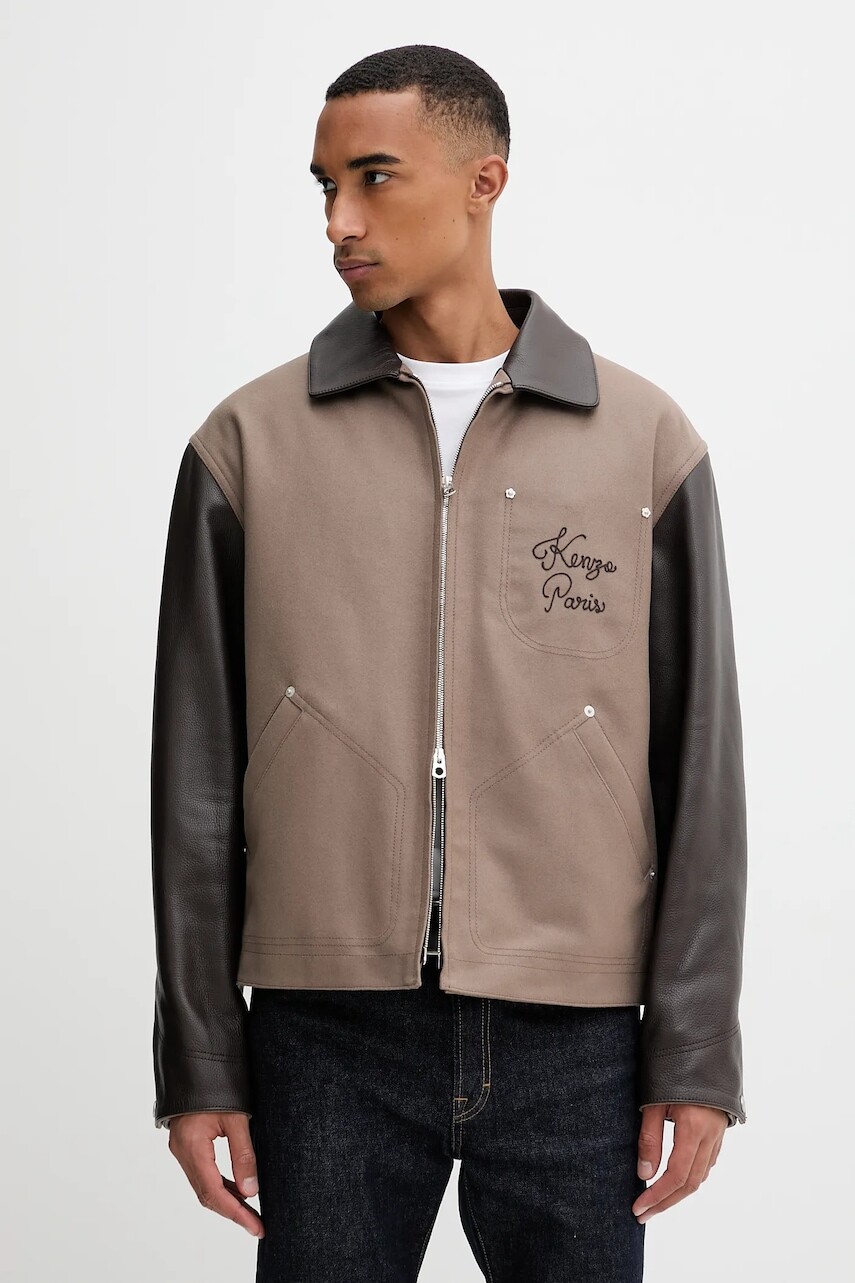 Vlnená bunda Kenzo hnedá farba, prechodná, FF68BL1519OH