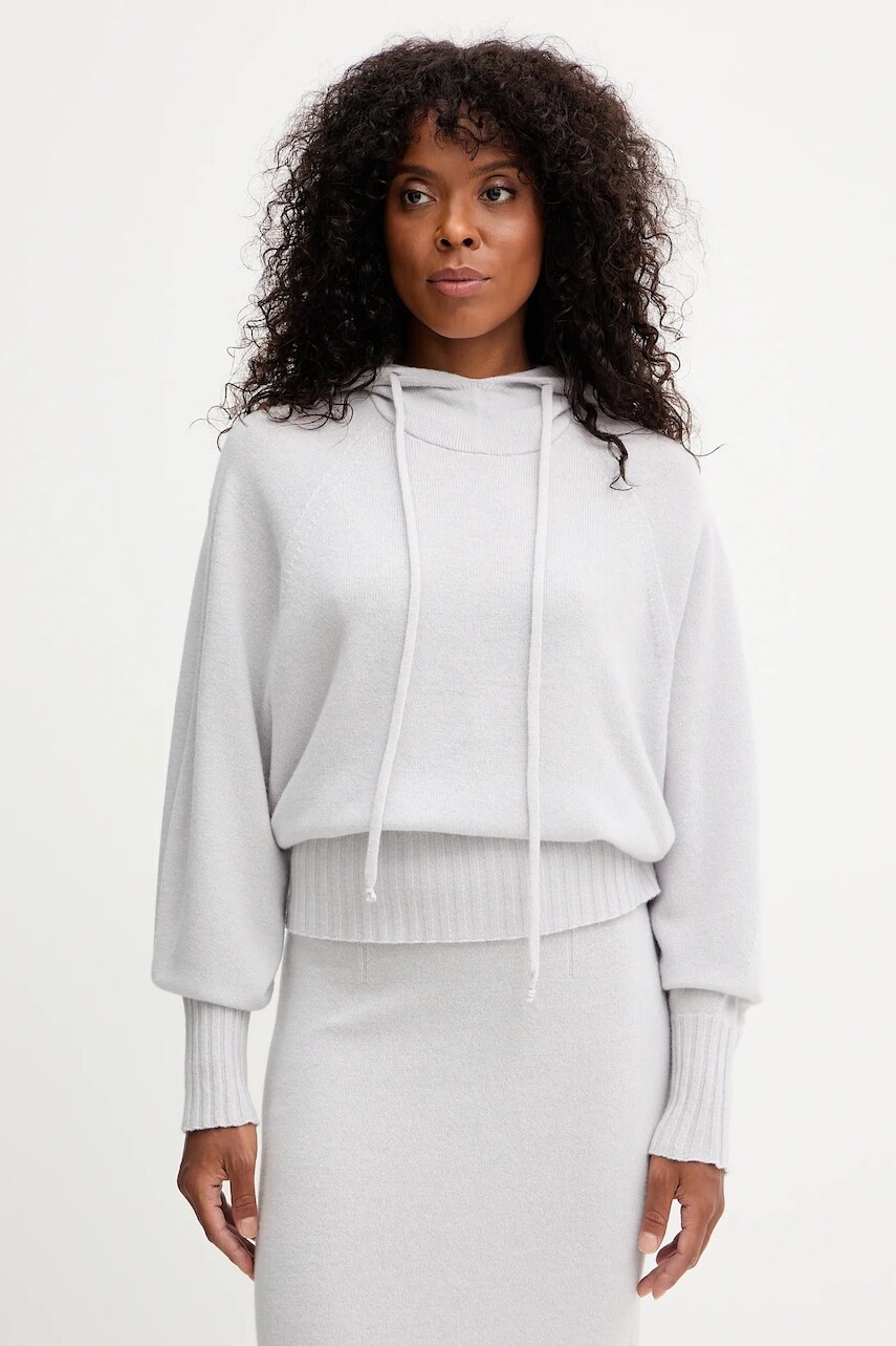 Vlnená mikina Twinset šedá farba, s kapucňou, jednofarebná, 252TF3041