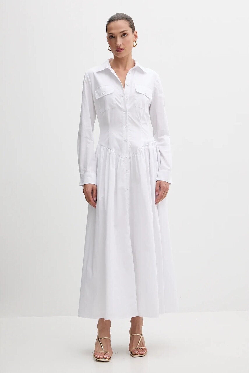 Bavlnené šaty Bardot biela farba, maxi, áčkový strih, 60066DB