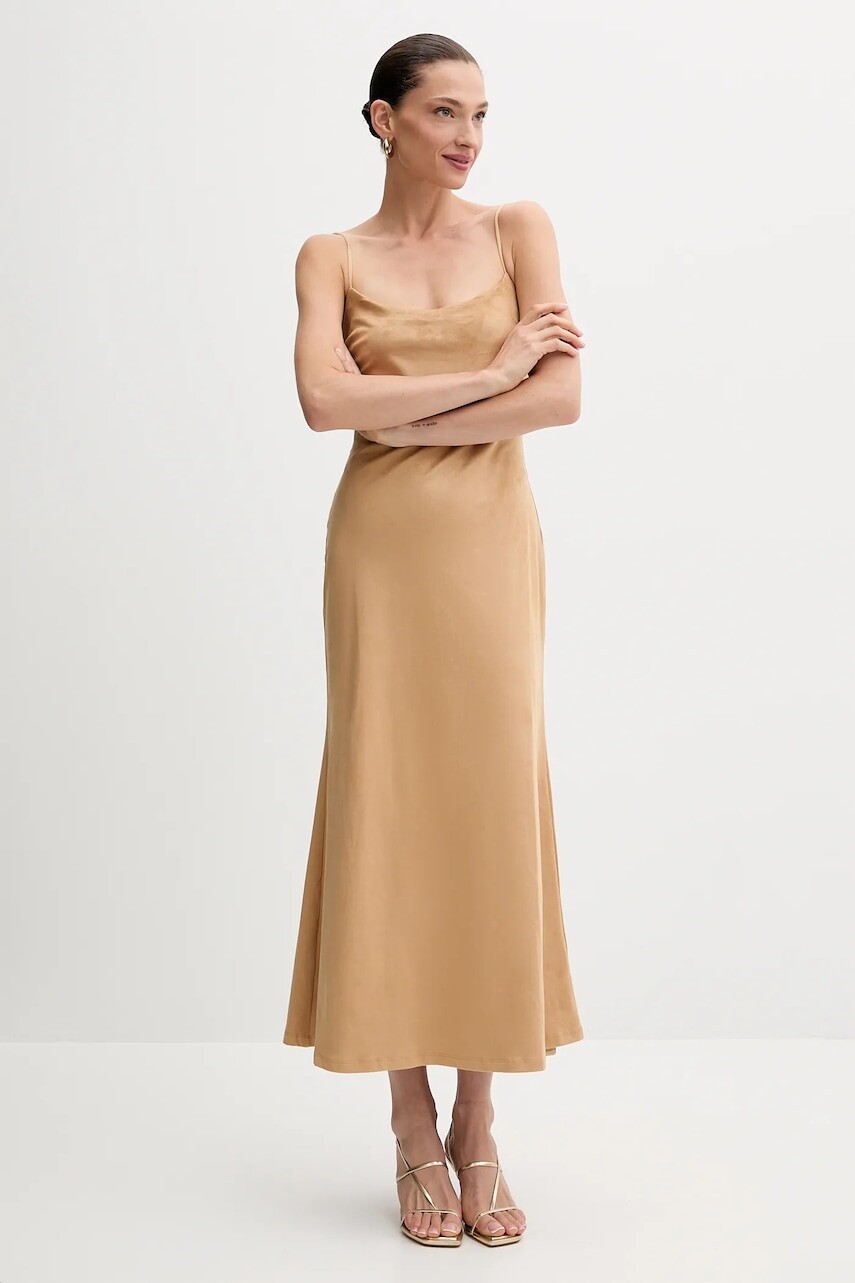 Šaty Bardot hnedá farba, midi, áčkový strih, 59194DB3