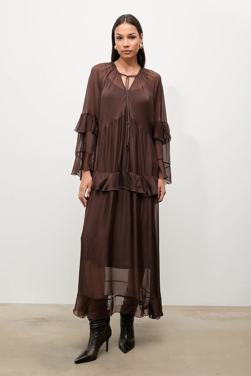 Hodvábne šaty Answear.LAB hnedá farba, maxi, rovný strih