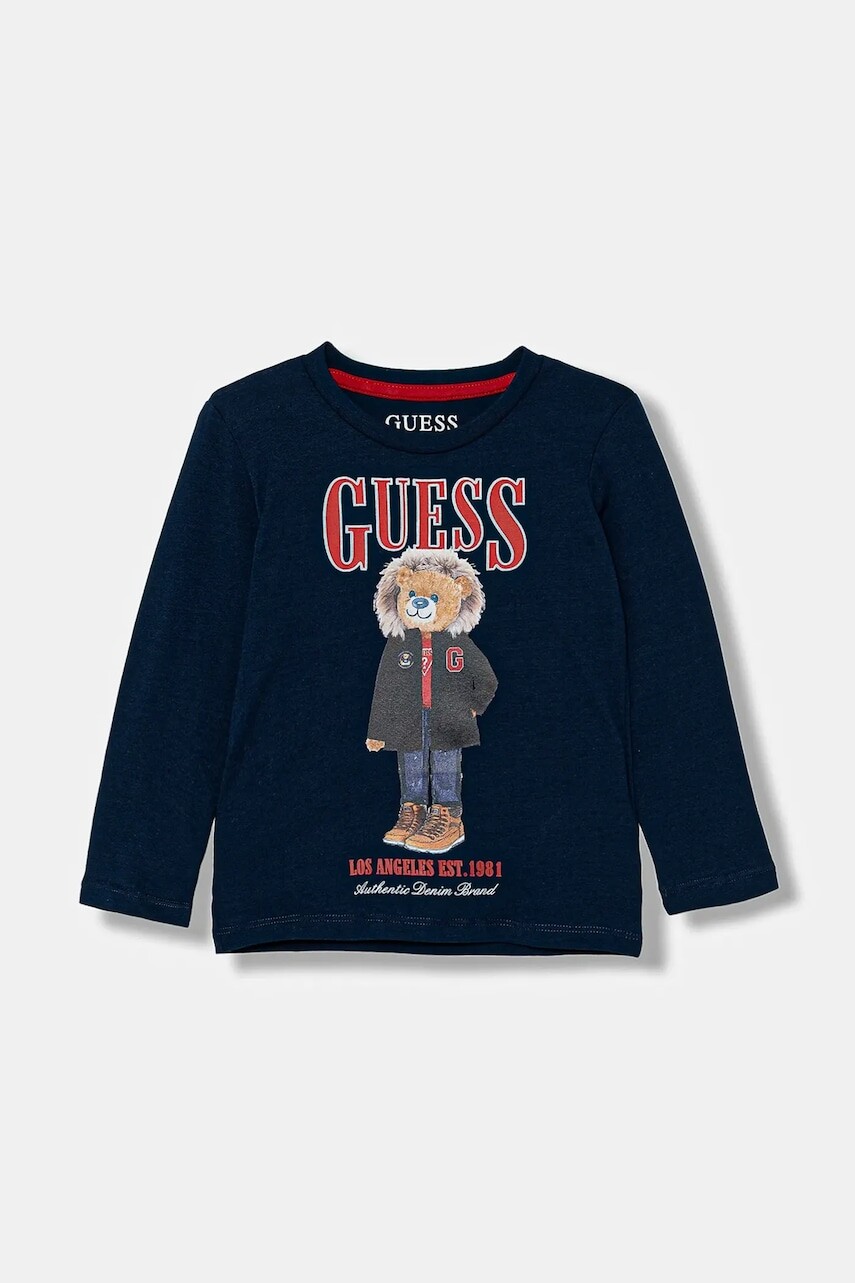 Detská bavlnená košeľa s dlhým rukávom Guess tmavomodrá farba, s potlačou, N5BI04 I3Z14