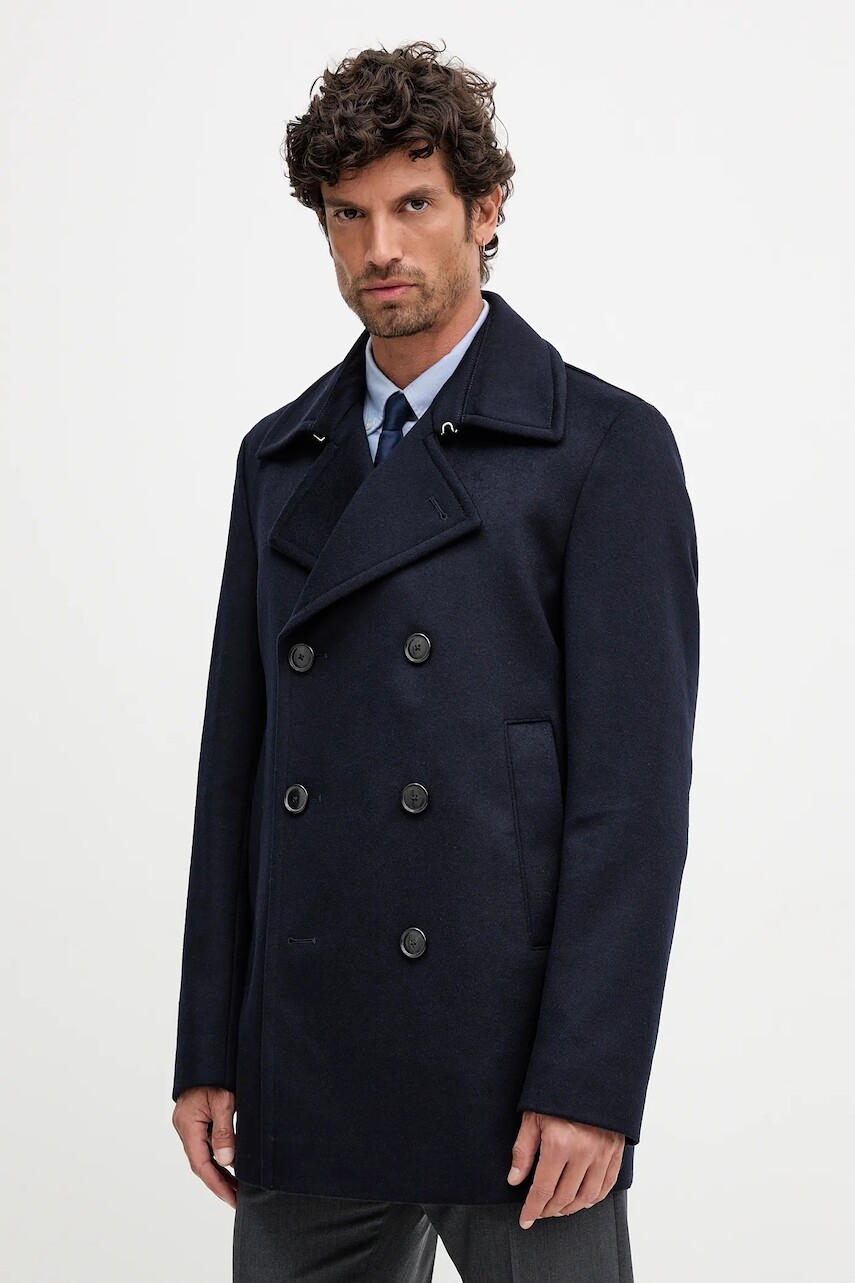 Kabát s prímesou kašmíru BOSS tmavomodrá farba, 50551081