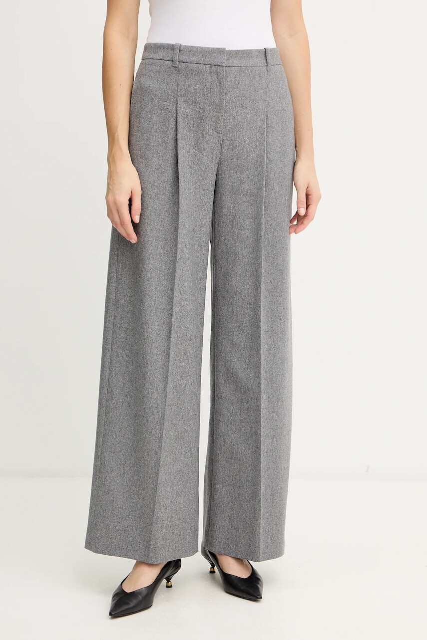 Vlnené nohavice BOSS šedá farba, rovný strih, vysoký pás, 50548280