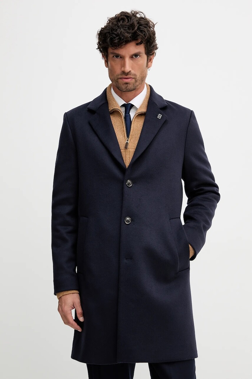 Vlnený kabát Tommy Hilfiger tmavomodrá farba, MW0MW40768