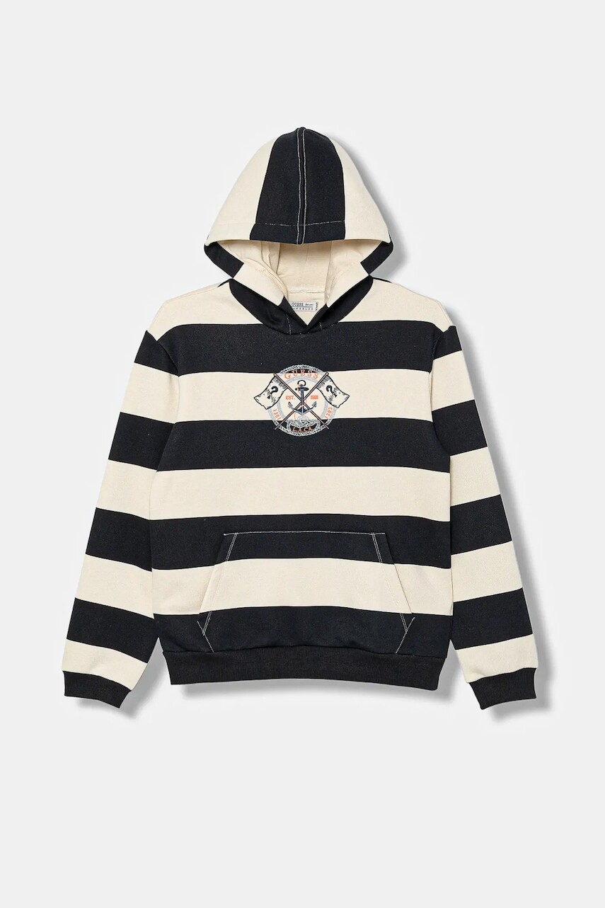 Detská mikina Guess tmavomodrá farba, s kapucňou, vzorovaná, L5YQ20 K0250