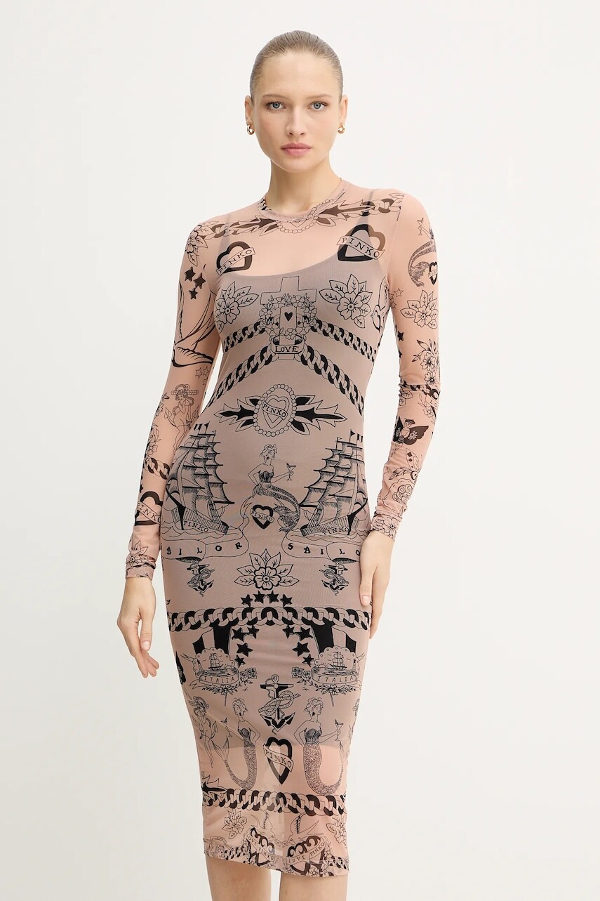 Šaty Pinko béžová farba, midi, priliehavé, 105797 A2VM