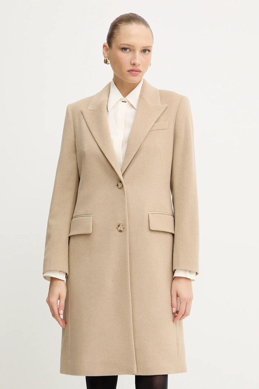 Vlnený kabát BOSS béžová farba, 50548371