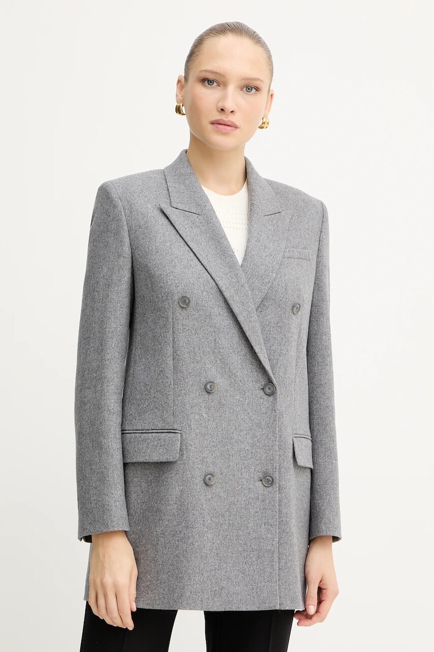 Vlnené sako BOSS šedá farba, dvojradové, jednofarebné, 50548736