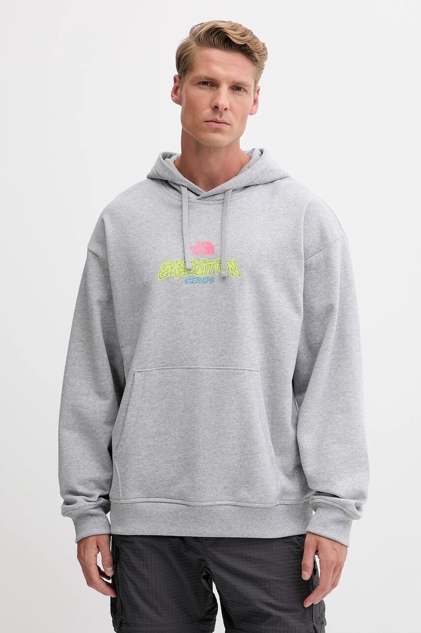 Mikina The North Face Expedition Celebration šedá farba, s kapucňou, s potlačou, NF0A8E3FDYX1