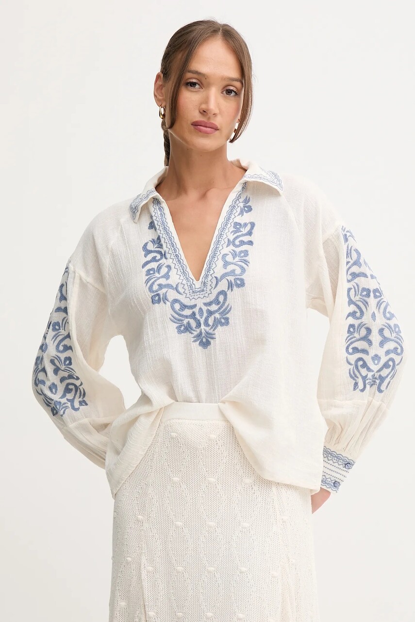 Blúzka s prímesou ľanu Hoss Intropia béžová farba, s nášivkou, 6282664