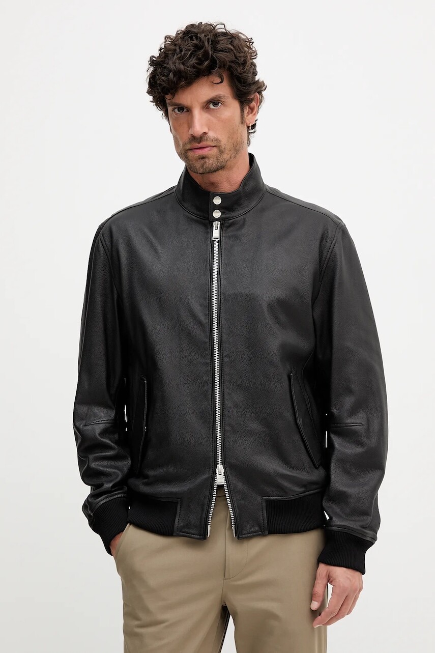 Kožená bunda BOSS čierna farba, prechodná, 50543899