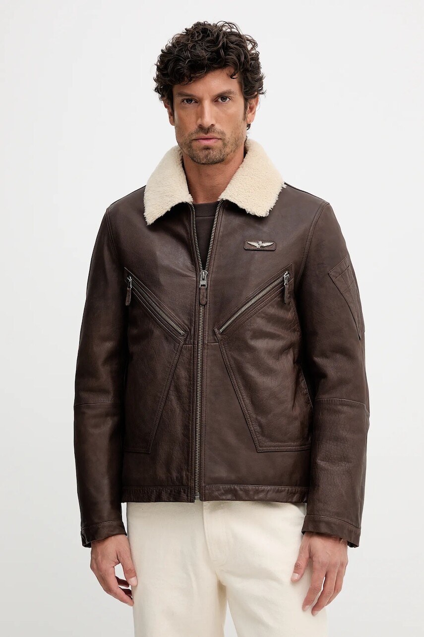 Kožená bunda Aeronautica Militare hnedá farba, prechodná, PN0960UPL00304