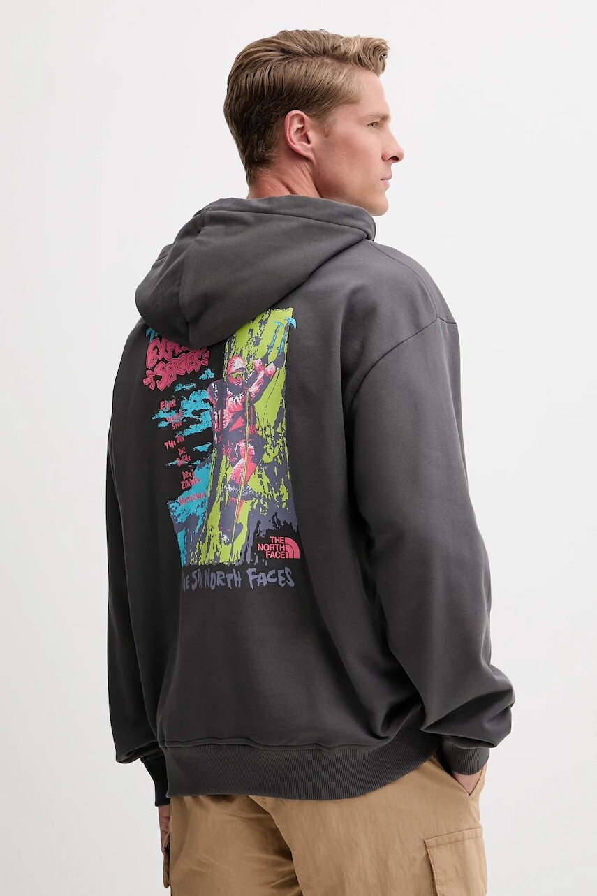 Bavlnená mikina The North Face Expedition Celebration šedá farba, s kapucňou, s potlačou, NF0A8E3FRHI1