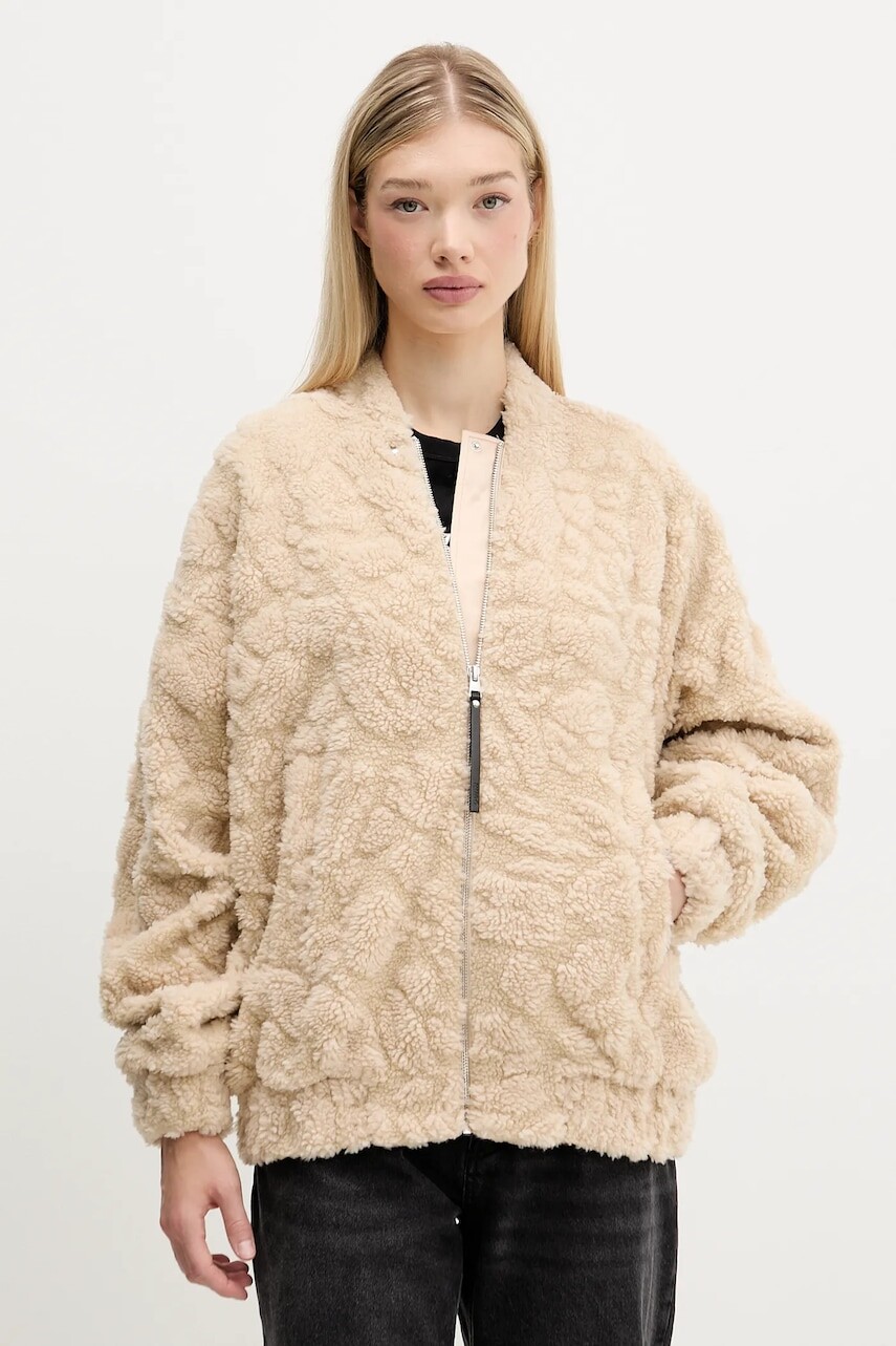 Bunda HUGO béžová farba, prechodná, oversize, 50546469