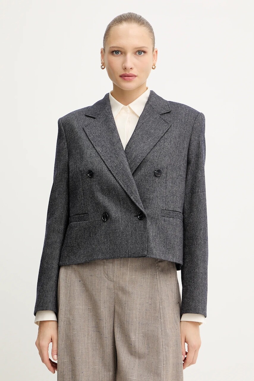 Vlnené sako BOSS Orange tmavomodrá farba, dvojradové, vzorované, 50547682