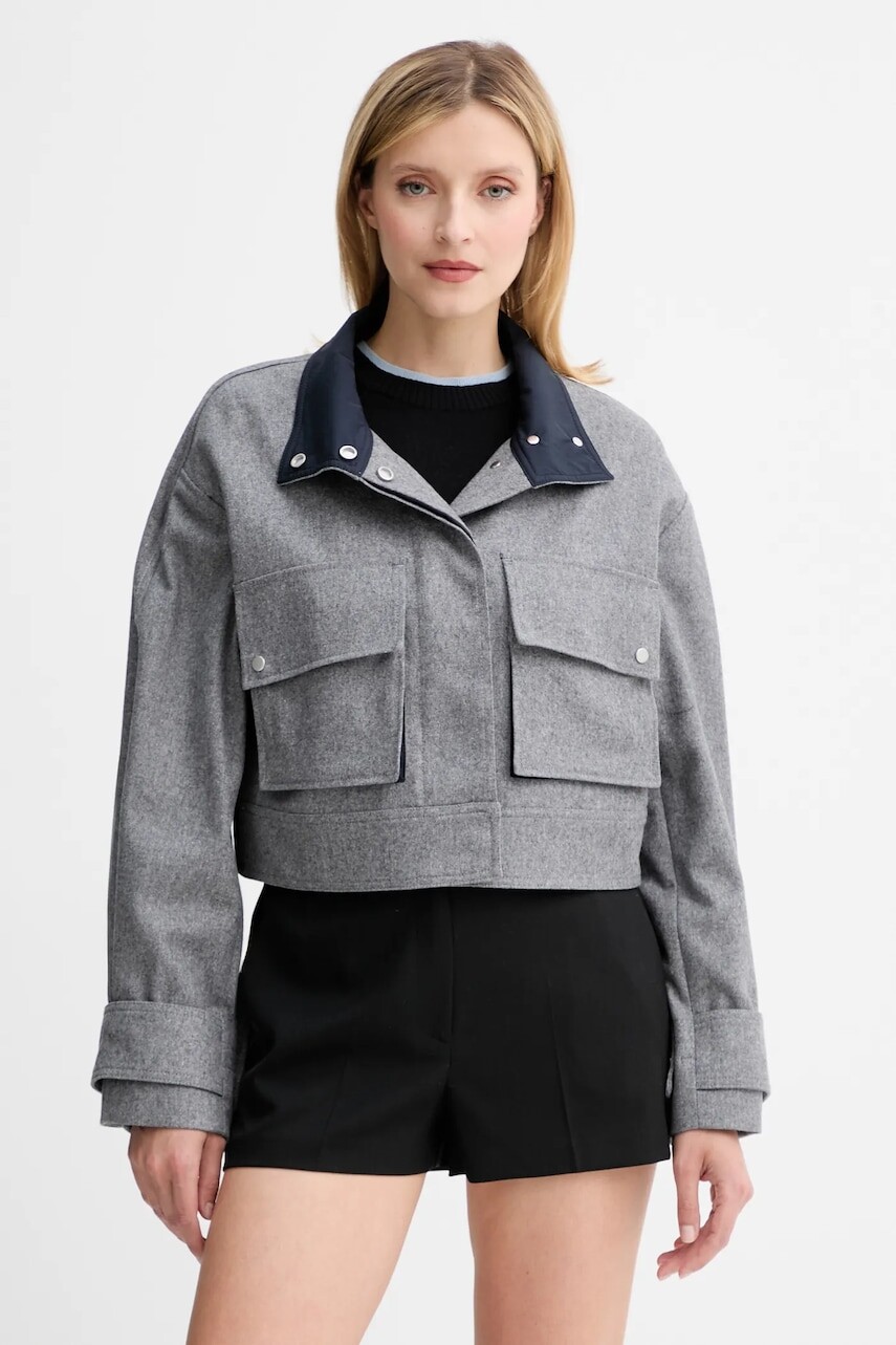 Vlnená bunda BOSS šedá farba, prechodná, oversize, 50548307