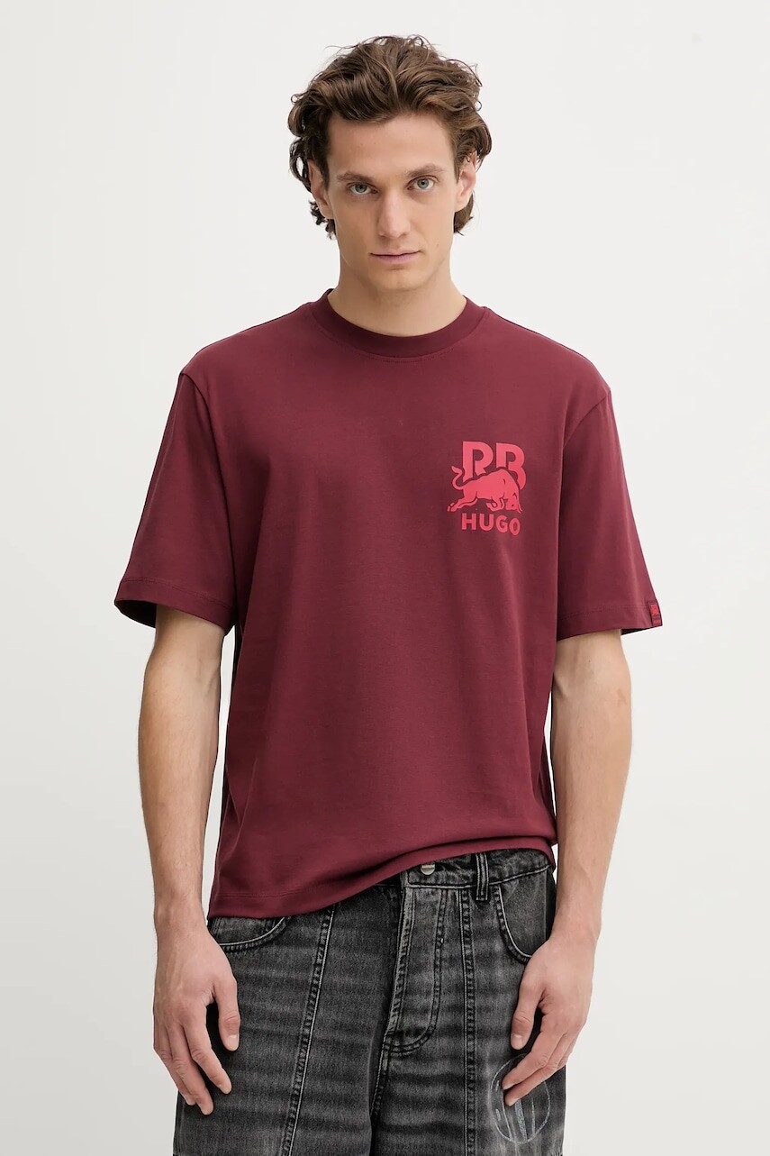 Bavlnené tričko HUGO pánske, bordová farba, s potlačou, 50549307