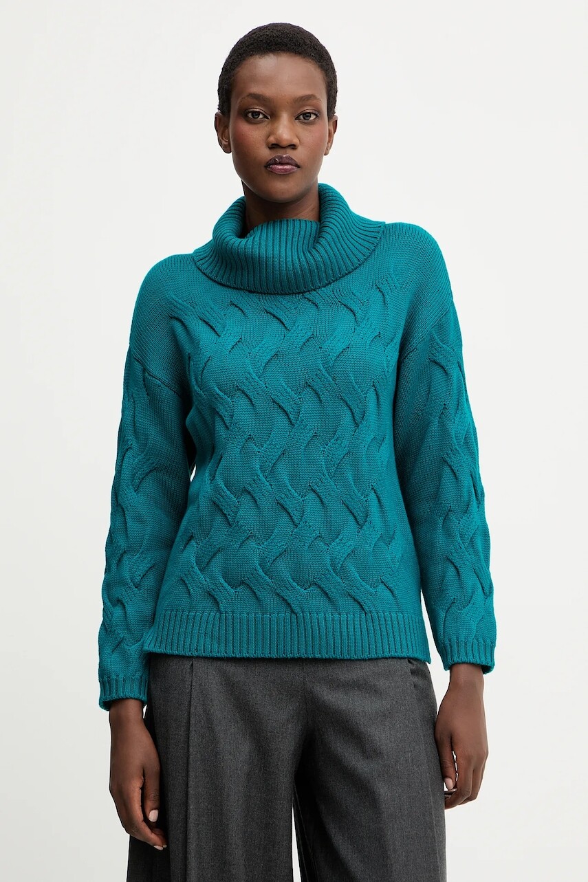 Vlnený sveter Luisa Spagnoli tyrkysová farba, s rolákom, 100173