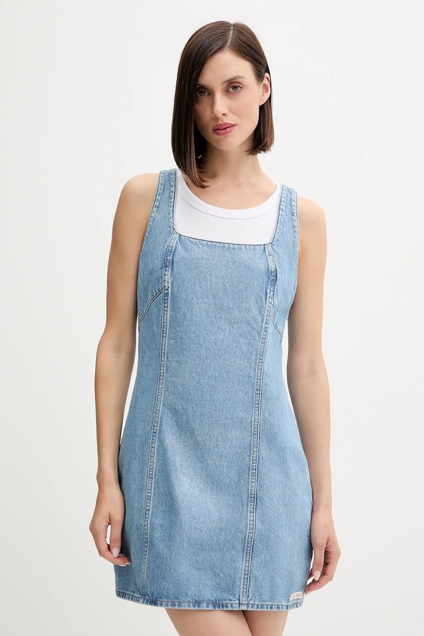 Rifľové šaty Calvin Klein Jeans modrá farba, mini, rovný strih, LV047C714G
