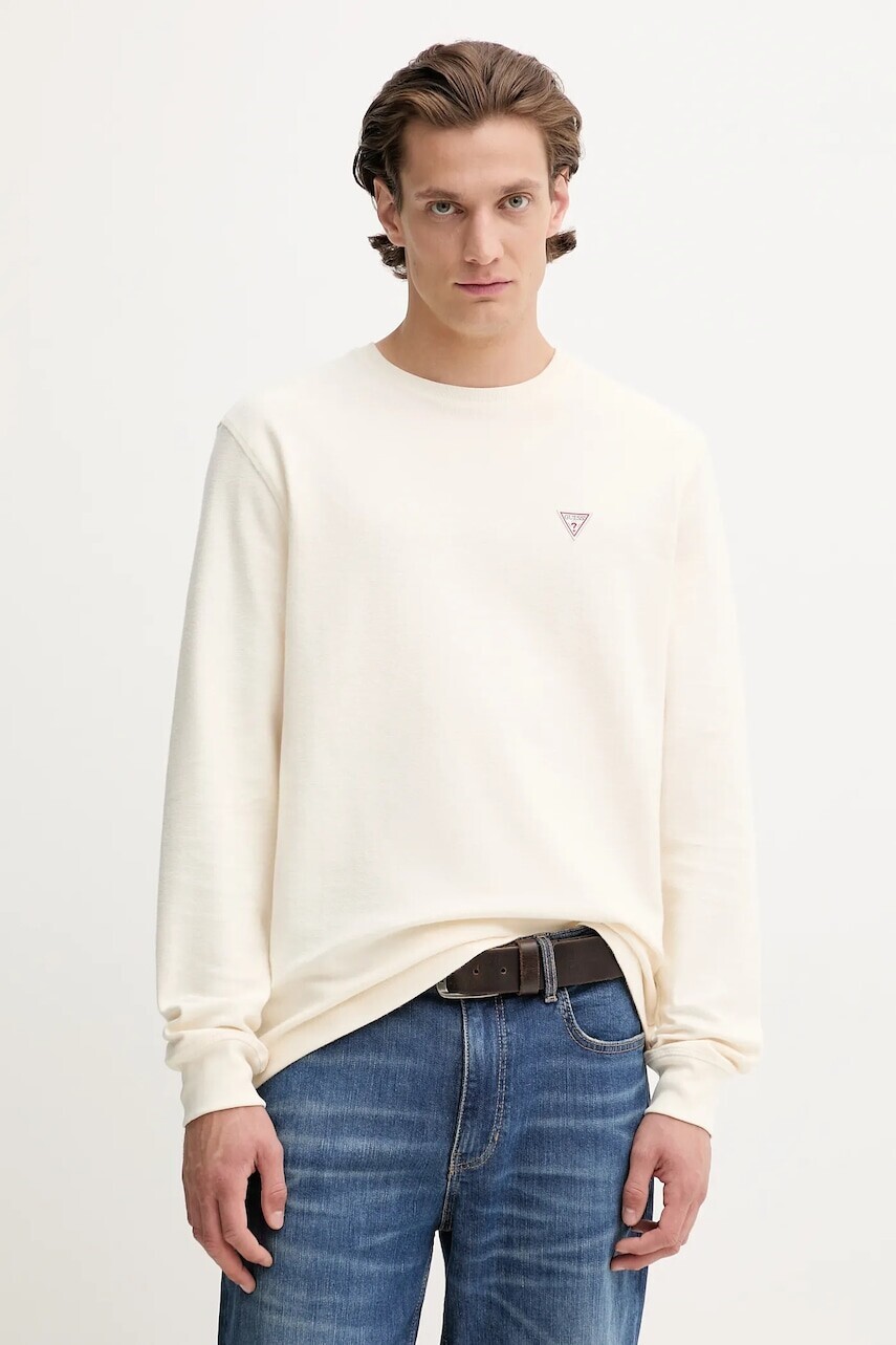 Bavlnené tričko s dlhým rukávom Guess Jeans béžová farba, jednofarebné, M4BI77 KCII1