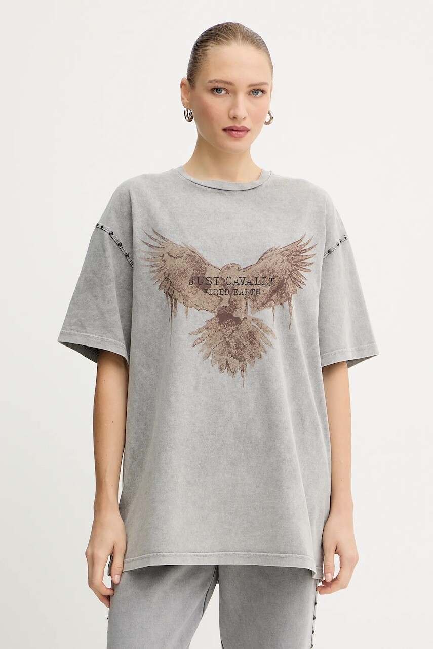 Bavlnené tričko Just Cavalli dámske, šedá farba, 79PAHE05 CJW14