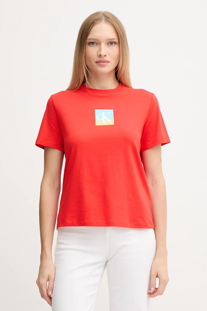 Bavlnené tričko Calvin Klein Jeans dámske, červená farba, LV047D874G