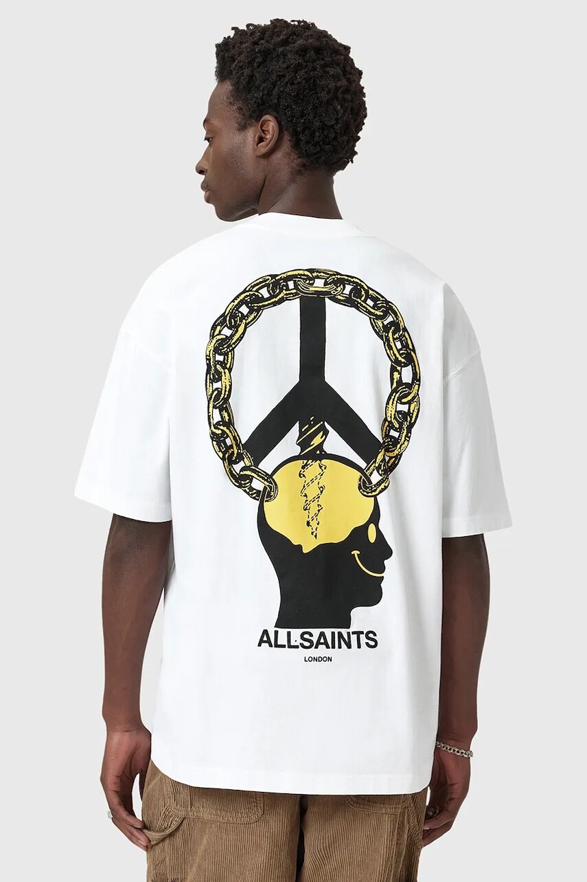 Bavlnené tričko AllSaints SCREWED pánske, biela farba, s potlačou, M021PD