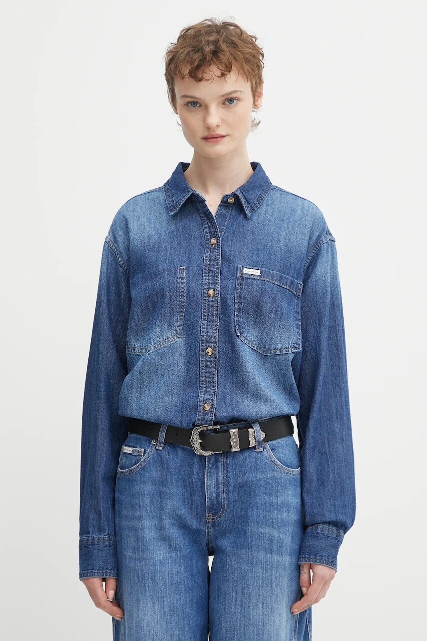 Rifľová košeľa Guess Jeans tmavomodrá farba, voľný strih, s klasickým golierom, W5YH0D D5M8A