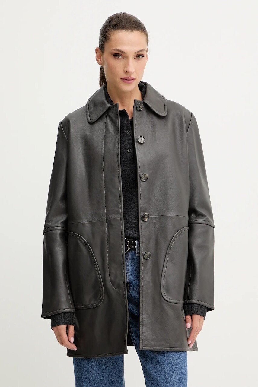 Kožená bunda Iceberg šedá farba, prechodná, ZN21 6804