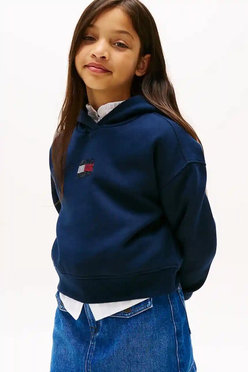 Detská mikina Tommy Hilfiger tmavomodrá farba, s kapucňou, s nášivkou, KG0KG09016