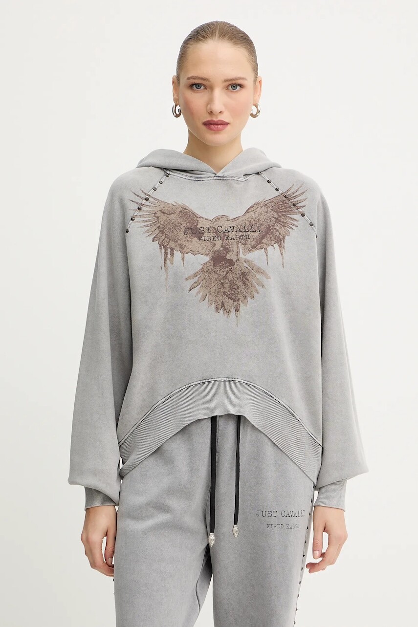 Bavlnená mikina Just Cavalli šedá farba, s kapucňou, s potlačou, 79PAIE05 CFW13