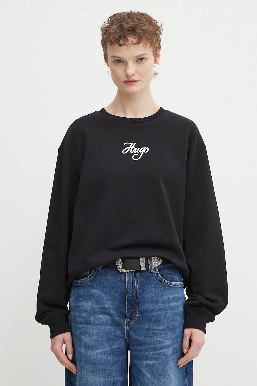 Bavlnená mikina HUGO čierna farba, s potlačou, 50550149