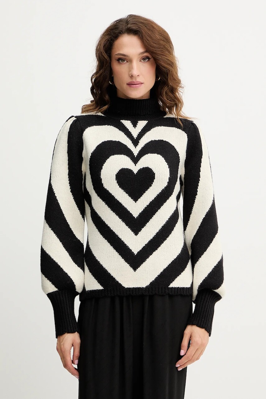 Sveter s prímesou vlny Farm Rio čierna farba, teplý, s rolákom, 345809