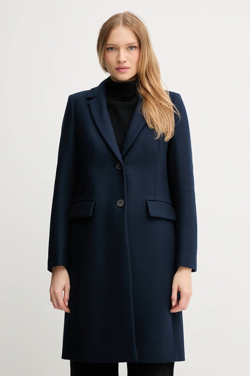 Kabát s prímesou vlny Tommy Hilfiger tmavomodrá farba, WW0WW46547