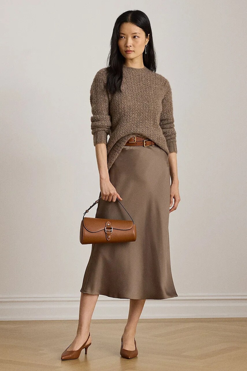 Sukňa Lauren Ralph Lauren hnedá farba, midi, áčkový strih, 200951232